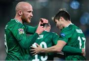 18 November 2020; Liam Boyce of Northern Ireland celebrates after scoring his side's first goal during the UEFA Nations League B match between Northern Ireland and Romania in the National Football Stadium at Windsor Park in Belfast. Photo by David Fitzgerald/Sportsfile