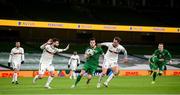 18 November 2020; Kevin Long of Republic of Ireland in action against Bozhidar Kraev, right, and Dimitar Iliev of Bulgaria during the UEFA Nations League B match between Republic of Ireland and Bulgaria at the Aviva Stadium in Dublin. Photo by Stephen McCarthy/Sportsfile