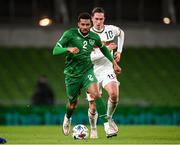 18 November 2020; Cyrus Christie of Republic of Ireland and Bozhidar Kraev of Bulgaria during the UEFA Nations League B match between Republic of Ireland and Bulgaria at the Aviva Stadium in Dublin. Photo by Stephen McCarthy/Sportsfile