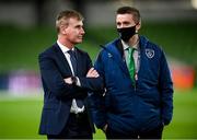 18 November 2020; Republic of Ireland manager Stephen Kenny and Kieran Crowley, FAI communications executive, prior to the UEFA Nations League B match between Republic of Ireland and Bulgaria at the Aviva Stadium in Dublin. Photo by Stephen McCarthy/Sportsfile