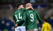 18 November 2020; Stuart Dallas of Northern Ireland, left, congratulates team-mate Liam Boyce after he scored their side's first goal during the UEFA Nations League B match between Northern Ireland and Romania in the National Football Stadium at Windsor Park in Belfast. Photo by David Fitzgerald/Sportsfile