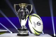 20 November 2020; A general view of the Women's Rugby World Cup trophy and official match ball during the Rugby World Cup 2021 Draw event at the SKYCITY Theatre in Auckland, New Zealand. Photo by Phil Walter / World Rugby via Sportsfile