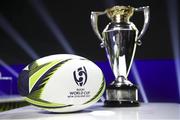 20 November 2020; A general view of the Women's Rugby World Cup trophy and official match ball during the Rugby World Cup 2021 Draw event at the SKYCITY Theatre in Auckland, New Zealand. Photo by Phil Walter / World Rugby via Sportsfile