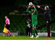 18 November 2020; Cyrus Christie of Republic of Ireland takes the throw in, watched by Bulgaria manager Georgi Dermendzhiev during the UEFA Nations League B match between Republic of Ireland and Bulgaria at the Aviva Stadium in Dublin. Photo by Sam Barnes/Sportsfile