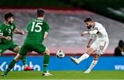 18 November 2020; Dimitar Iliev of Bulgaria has a shot at goal despite the efforts of Ryan Manning, left, and Kevin Long of Republic of Ireland during the UEFA Nations League B match between Republic of Ireland and Bulgaria at the Aviva Stadium in Dublin. Photo by Sam Barnes/Sportsfile