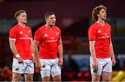 26 October 2020; Mike Haley, left, Dan Goggin, centre, and Ben Healy of Munster during the Guinness PRO14 match between Munster and Cardiff Blues at Thomond Park in Limerick. Photo by Ramsey Cardy/Sportsfile