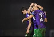 20 November 2020; Graham Burke, right, of Shamrock Rovers is congratulated by team-mate Jack Byrne after scoring his side's third goal during the Extra.ie FAI Cup Quarter-Final match between Finn Harps and Shamrock Rovers at Finn Park in Ballybofey, Donegal. Photo by Seb Daly/Sportsfile