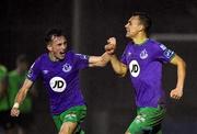 20 November 2020; Graham Burke, right, of Shamrock Rovers celebrates with team-mate Aaron McEneff after scoring his side's third goal during the Extra.ie FAI Cup Quarter-Final match between Finn Harps and Shamrock Rovers at Finn Park in Ballybofey, Donegal. Photo by Seb Daly/Sportsfile