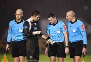 20 November 2020; Mark McGinley of Finn Harps remonstrates with referee Robert Hennessy, centre, following the Extra.ie FAI Cup Quarter-Final match between Finn Harps and Shamrock Rovers at Finn Park in Ballybofey, Donegal. Photo by Seb Daly/Sportsfile