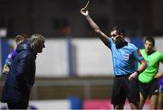 20 November 2020; Referee Robert Hennessy shows a yellow card to Finn Harps manager Ollie Horgan during the Extra.ie FAI Cup Quarter-Final match between Finn Harps and Shamrock Rovers at Finn Park in Ballybofey, Donegal. Photo by Seb Daly/Sportsfile