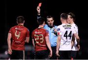 20 November 2020; Referee Rob Harvey issues a red card to Michael Barker, 23, of Bohemians during the Extra.ie FAI Cup Quarter-Final match between Bohemians and Dundalk at Dalymount Park in Dublin. Photo by Ben McShane/Sportsfile