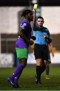 20 November 2020; Referee Robert Hennessy shows a yellow card to Thomas Oluwa of Shamrock Rovers during the Extra.ie FAI Cup Quarter-Final match between Finn Harps and Shamrock Rovers at Finn Park in Ballybofey, Donegal. Photo by Seb Daly/Sportsfile
