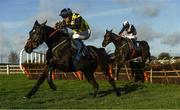 21 November 2020; Gabynako, with Jonathan Moore up, jumps the last on his way to winning the Dimond Walsh Hospitality Maiden Hurdle from second place Envious Editor, with Jack Kennedy up, at Naas Racecourse in Kildare. Photo by Matt Browne/Sportsfile