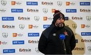 20 November 2020; Dundalk interim head coach Filippo Giovagnoli speaking to RTÉ prior to the Extra.ie FAI Cup Quarter-Final match between Bohemians and Dundalk at Dalymount Park in Dublin. Photo by Stephen McCarthy/Sportsfile