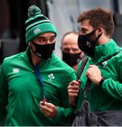 21 November 2020; James Lowe, left, with team-mate Cealan Doris of Ireland arrive ahead of the Autumn Nations Cup match between England and Ireland at Twickenham Stadium in London, England. Photo by Matt Impey/Sportsfile