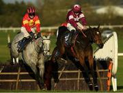 21 November 2020; Vanillier, left, with Jonathan Moore up, jump the last with eventual second place Fantasio D'alene, with Jack Kennedy up, on their way to winning the Irish Stallion Owners EBF Maiden Hurdle at Naas Racecourse in Kildare. Photo by Matt Browne/Sportsfile