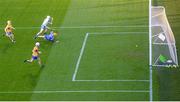 21 November 2020; Dessie Hutchinson of Waterford shoots to score his side's second goal past Clare goalkeeper Eibhear Quilligan during the GAA Hurling All-Ireland Senior Championship Quarter-Final match between Clare and Waterford at Pairc Uí Chaoimh in Cork. Photo by Harry Murphy/Sportsfile