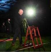 21 November 2020; Uachtarán Chumann Lúthchleas Gael John Horan places a wreath, as An Taoiseach Micheál Martin TD, left, looks on, during the GAA Bloody Sunday Commemoration at Croke Park in Dublin. On this day 100 years ago, Sunday 21 November 1920, an attack by Crown Forces on the attendees at a challenge Gaelic Football match between Dublin and Tipperary during the Irish War of Independence resulted in 14 people being murdered. Along with the 13 supporters that lost their lives that day a Tipperary footballer, Michael Hogan, also died. The main stand in Croke Park, the Hogan Stand, was subsequently named after him. Photo by Stephen McCarthy/Sportsfile