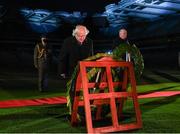 21 November 2020; President Michael D Higgins and Uachtarán Chumann Lúthchleas Gael John Horan, right, during the GAA Bloody Sunday Commemoration at Croke Park in Dublin. On this day 100 years ago, Sunday 21 November 1920, an attack by Crown Forces on the attendees at a challenge Gaelic Football match between Dublin and Tipperary during the Irish War of Independence resulted in 14 people being murdered. Along with the 13 supporters that lost their lives that day a Tipperary footballer, Michael Hogan, also died. The main stand in Croke Park, the Hogan Stand, was subsequently named after him. Photo by Stephen McCarthy/Sportsfile