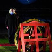 21 November 2020; President Michael D Higgins after placing a wreath during the GAA Bloody Sunday Commemoration at Croke Park in Dublin. On this day 100 years ago, Sunday 21 November 1920, an attack by Crown Forces on the attendees at a challenge Gaelic Football match between Dublin and Tipperary during the Irish War of Independence resulted in 14 people being murdered. Along with the 13 supporters that lost their lives that day a Tipperary footballer, Michael Hogan, also died. The main stand in Croke Park, the Hogan Stand, was subsequently named after him. Photo by Stephen McCarthy/Sportsfile