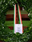 21 November 2020; A detailed view of the wreath placed by President Michael D Higgins during the GAA Bloody Sunday Commemoration at Croke Park in Dublin. On this day 100 years ago, Sunday 21 November 1920, an attack by Crown Forces on the attendees at a challenge Gaelic Football match between Dublin and Tipperary during the Irish War of Independence resulted in 14 people being murdered. Along with the 13 supporters that lost their lives that day a Tipperary footballer, Michael Hogan, also died. The main stand in Croke Park, the Hogan Stand, was subsequently named after him. Photo by Stephen McCarthy/Sportsfile