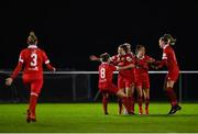 21 November 2020; Emily Whelan of Shelbourne, centre, is congratulated by team-mates after scoring her side's first goal during the Women's National League match between Peamount United and Shelbourne at PRL Park in Greenogue, Dublin. Photo by Seb Daly/Sportsfile