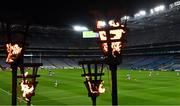 21 November 2020; Torches remembering some of the people who died in Croke Park on Bloody Sunday on 21 November 1920 are seen on Hill 16 as the Leinster GAA Football Senior Championship Final match between Dublin and Meath takes place at Croke Park in Dublin. On this day 100 years ago, Sunday 21 November 1920, an attack by Crown Forces on the attendees at a challenge Gaelic Football match between Dublin and Tipperary during the Irish War of Independence resulted in 14 people being murdered. Along with the 13 supporters that lost their lives that day a Tipperary footballer, Michael Hogan, also died. The main stand in Croke Park, the Hogan Stand, was subsequently named after him. Photo by Brendan Moran/Sportsfile