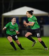 21 November 2020; Áine O’Gorman of Peamount United, right, celebrates with team-mate Eleanor Ryan-Doyle after scoring her side's first goal during the Women's National League match between Peamount United and Shelbourne at PRL Park in Greenogue, Dublin. Photo by Seb Daly/Sportsfile