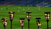 21 November 2020; Torches remembering the 14 people who died in Croke Park on Bloody Sunday on 21 November 1920 are seen on Hill 16 as the Leinster GAA Football Senior Championship Final match between Dublin and Meath takes place at Croke Park in Dublin. On this day 100 years ago, Sunday 21 November 1920, an attack by Crown Forces on the attendees at a challenge Gaelic Football match between Dublin and Tipperary during the Irish War of Independence resulted in 14 people being murdered. Along with the 13 supporters that lost their lives that day a Tipperary footballer, Michael Hogan, also died. The main stand in Croke Park, the Hogan Stand, was subsequently named after him. Photo by Brendan Moran/Sportsfile