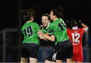 21 November 2020; Karen Duggan of Peamount United, centre, celebrates with team-mates Sadhbh Doyle, left, and Áine O’Gorman, right, after scoring her side's second goal during the Women's National League match between Peamount United and Shelbourne at PRL Park in Greenogue, Dublin. Photo by Seb Daly/Sportsfile