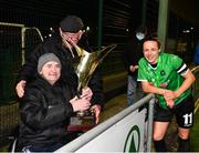 21 November 2020; Áine O’Gorman of Peamount United celebrates with supporter Sean Kirwin, left, and Peamount United facilities manager Denis Cummins following the Women's National League match between Peamount United and Shelbourne at PRL Park in Greenogue, Dublin. Photo by Seb Daly/Sportsfile