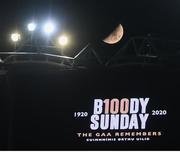 21 November 2020; The moon is seen over Croke Park during the GAA Bloody Sunday Commemoration at Croke Park in Dublin. On this day 100 years ago, Sunday 21 November 1920, an attack by Crown Forces on the attendees at a challenge Gaelic Football match between Dublin and Tipperary during the Irish War of Independence resulted in 14 people being murdered. Along with the 13 supporters that lost their lives that day a Tipperary footballer, Michael Hogan, also died. The main stand in Croke Park, the Hogan Stand, was subsequently named after him. Photo by Stephen McCarthy/Sportsfile