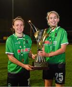 21 November 2020; Peamount United players Áine O’Gorman and Stephanie Roche celebrate with the trophy after winning the Women's National League following victory over Shelbourne at PRL Park in Greenogue, Dublin. Photo by Seb Daly/Sportsfile