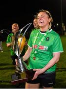21 November 2020; Niamh Barnes of Peamount United celebrates with the trophy after winning the Women's National League following victory over Shelbourne at PRL Park in Greenogue, Dublin. Photo by Seb Daly/Sportsfile