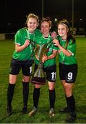 21 November 2020; Peamount United players, from left, Claire Walsh, Áine O’Gorman and Alannah McEvoy celebrate with the trophy after winning the Women's National League following victory over Shelbourne at PRL Park in Greenogue, Dublin. Photo by Seb Daly/Sportsfile