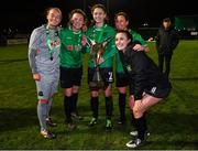 21 November 2020; Peamount United players, from left, Naoisha McAloon, Tiegan Ruddy, Lauryn O’Callaghan, Megan Smyth-Lynch and Niamh Farrelly celebrate with the trophy after winning the Women's National League following victory over Shelbourne at PRL Park in Greenogue, Dublin. Photo by Seb Daly/Sportsfile