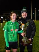21 November 2020; Peamount United manager James O'Callaghan and Lauryn O’Callaghan celebrate with the trophy after winning the Women's National League following victory over Shelbourne at PRL Park in Greenogue, Dublin. Photo by Seb Daly/Sportsfile
