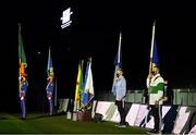 21 November 2020; Flag bearers, from left, members of the Artane School of Music Rachel Dobbs, carrying the Irish national tricolour, and Michael Joyce, carrying the GAA flag, three-time All-Ireland medal winner Alan Brogan representing Dublin GAA and two-time all-star winner Declan Browne representing Tipperary GAA, during the GAA Bloody Sunday Commemoration at Croke Park in Dublin. On this day 100 years ago, Sunday 21 November 1920, an attack by Crown Forces on the attendees at a challenge Gaelic Football match between Dublin and Tipperary during the Irish War of Independence resulted in 14 people being murdered. Along with the 13 supporters that lost their lives that day a Tipperary footballer, Michael Hogan, also died. The main stand in Croke Park, the Hogan Stand, was subsequently named after him. Photo by Brendan Moran/Sportsfile