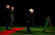 21 November 2020; President Michael D Higgins takes a moment after placing a wreath in the company of Uachtarán Chumann Lúthchleas Gael John Horan, left, and An Taoiseach Micheál Martin T.D., 2nd from left, during the GAA Bloody Sunday Commemoration at Croke Park in Dublin. On this day 100 years ago, Sunday 21 November 1920, an attack by Crown Forces on the attendees at a challenge Gaelic Football match between Dublin and Tipperary during the Irish War of Independence resulted in 14 people being murdered. Along with the 13 supporters that lost their lives that day a Tipperary footballer, Michael Hogan, also died. The main stand in Croke Park, the Hogan Stand, was subsequently named after him. Photo by Brendan Moran/Sportsfile