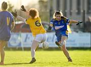 22 November 2020; Marie Kealy of Wicklow shoots to score her side's fifth goal despite the efforts of Saoirse Tennyson of Antrim during the TG4 All-Ireland Junior Ladies Football Championship Semi-Final match between Antrim and Wicklow at Donaghmore/Ashbourne GAA in Ashbourne, Meath. Photo by Sam Barnes/Sportsfile