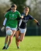 22 November 2020; Leah Coughlan of Limerick in action against Joanne Doonan of Fermanagh during the TG4 All-Ireland Junior Ladies Football Championship Semi-Final match between Fermanagh and Limerick at Coralstown-Kinnegad GAA in Kinnegad, Westmeath. Photo by Harry Murphy/Sportsfile