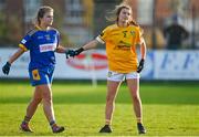 22 November 2020; Marie Kealy of Wicklow and Niamh McIntosh of Antrim bump fists following the TG4 All-Ireland Junior Ladies Football Championship Semi-Final match between Antrim and Wicklow at Donaghmore/Ashbourne GAA in Ashbourne, Meath. Photo by Sam Barnes/Sportsfile