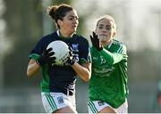 22 November 2020; Roisín McDonald of Fermanagh in action against Cliodhna Ni Cheallaigh of Limerick during the TG4 All-Ireland Junior Ladies Football Championship Semi-Final match between Fermanagh and Limerick at Coralstown-Kinnegad GAA in Kinnegad, Westmeath. Photo by Harry Murphy/Sportsfile