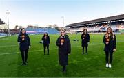 22 November 2020; The TG4 team, from left, Máire Ní Bhraonáin, Deirbhile Nic a Bháird, Máire Treasa Ní Dhubghaill, Jenny Murphy and Eimear Considine ahead of the Guinness PRO14 match between Leinster and Cardiff Blues at the RDS Arena in Dublin. Photo by Ramsey Cardy/Sportsfile