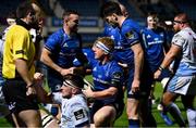 22 November 2020; James Tracy of Leinster celebrates with team-mates Dave Kearney, left, and Harry Byrne after scoring their side's third try during the Guinness PRO14 match between Leinster and Cardiff Blues at RDS Arena in Dublin. Photo by Brendan Moran/Sportsfile