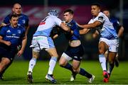 22 November 2020; Luke McGrath of Leinster is tackled by Matthew Morgan, left, and Ben Thomas of Cardiff Blues during the Guinness PRO14 match between Leinster and Cardiff Blues at the RDS Arena in Dublin. Photo by Ramsey Cardy/Sportsfile