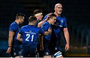 22 November 2020; Michael Silvester of Leinster celebrates with team-mates after scoring a try during the Guinness PRO14 match between Leinster and Cardiff Blues at the RDS Arena in Dublin. Photo by Ramsey Cardy/Sportsfile