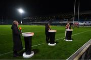 22 November 2020; TG4 presenter Máire Treasa Ní Dhubghaill, left, with analysts Deirbhile Nic a Bháird and Eimear Considine, right, prior to the Guinness PRO14 match between Leinster and Cardiff Blues at RDS Arena in Dublin. Photo by Brendan Moran/Sportsfile