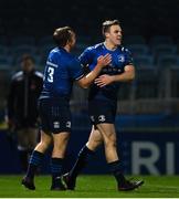 22 November 2020; Michael Silvester of Leinster is congratulated by Liam Turner, left, after scoring a try during the Guinness PRO14 match between Leinster and Cardiff Blues at the RDS Arena in Dublin. Photo by Ramsey Cardy/Sportsfile