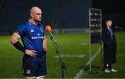 22 November 2020; Leinster captain Rhys Ruddock, left, and man of the match Luke McGrath conduct post-match interviews following the Guinness PRO14 match between Leinster and Cardiff Blues at the RDS Arena in Dublin. Photo by Ramsey Cardy/Sportsfile